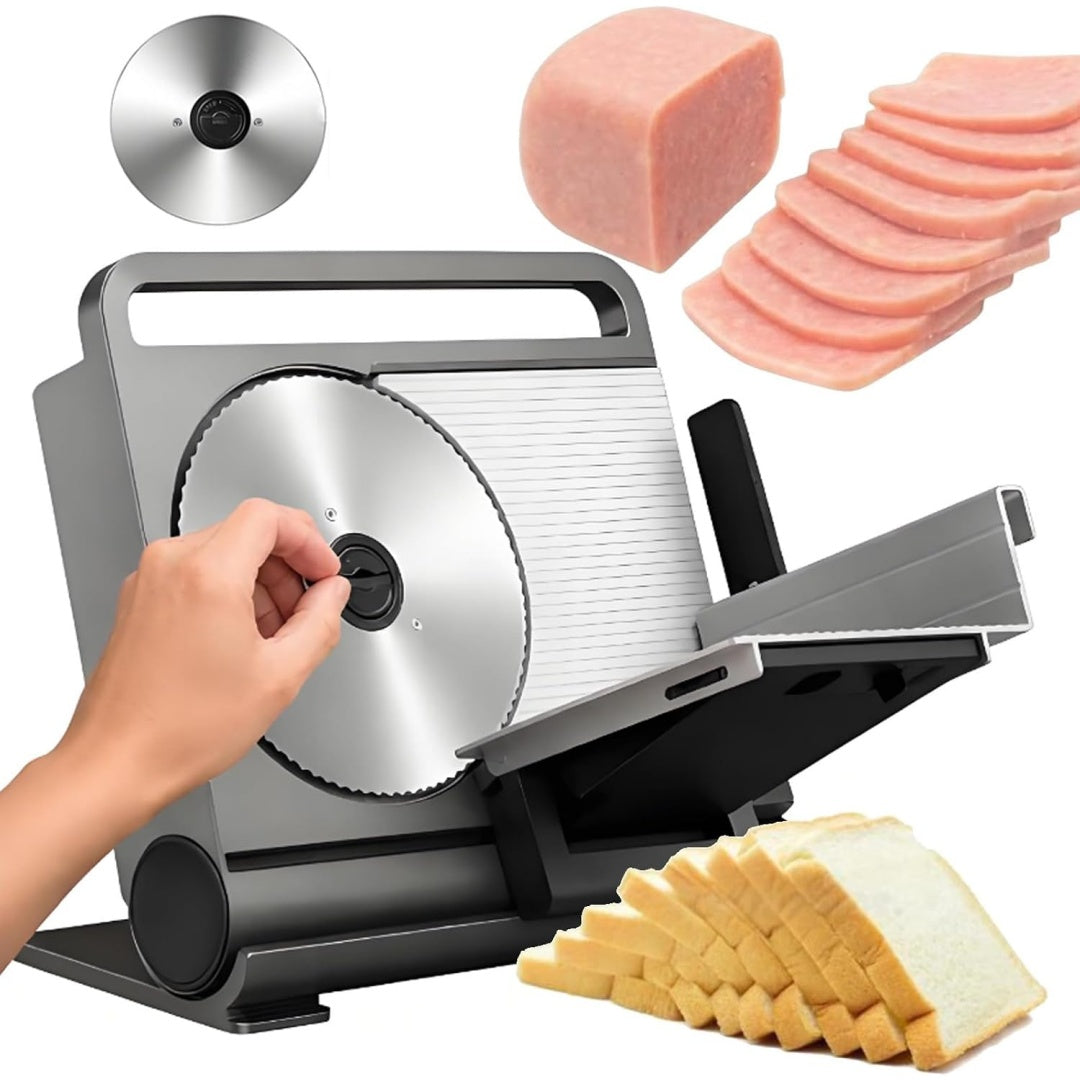 Una macchina per tagliare alimenti a fette con spessore di taglio regolabile e con elementi in acciaio inox